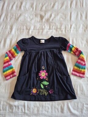 Vikita girls 3-4 years tunic shirt blue long sleeve with appliqued flowers VGUC